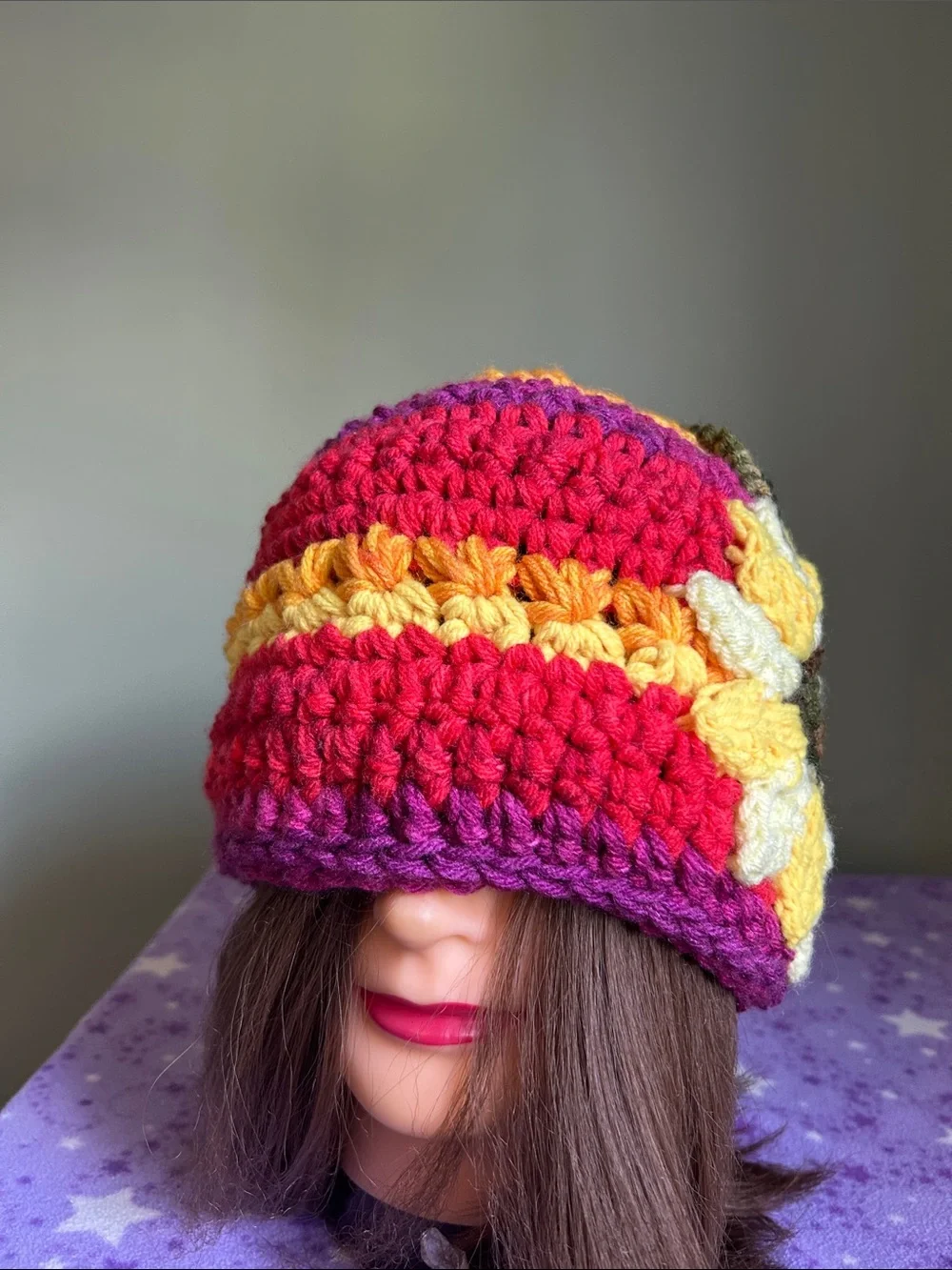 Hand-Crocheted Multicolor Sunflower Beanie - Yellow Accent medium